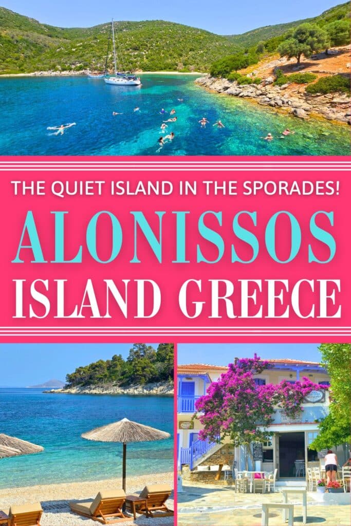 Images of Old Town Alonissos, people swimming in the marine park and the beach of Leftos Gialos