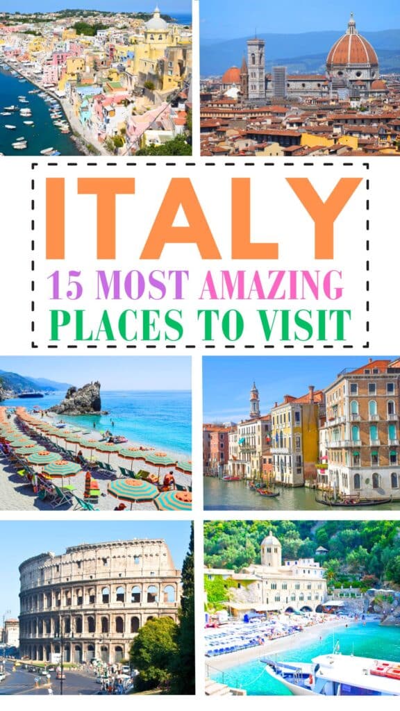 Images of 6 beautiful places in Italy, the orange rooftops of Florence, the pastel harbor of Procida, the Colosseum in Rome, a sandy beach in Cinque Terre, the Grand Canal in Venice and a turquoise beach with monastery